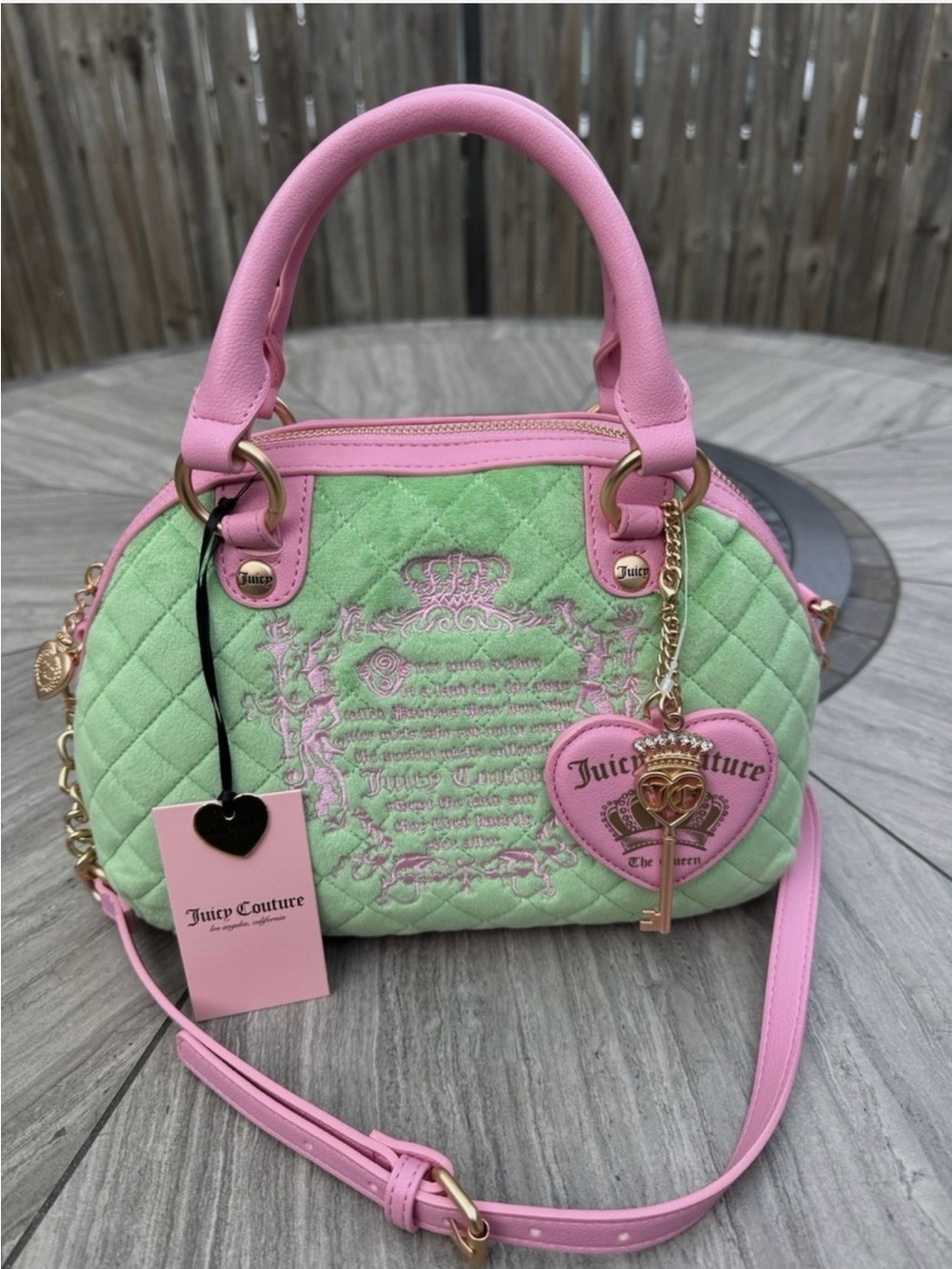 Juicy Couture Tale Crossbody Retro Green & Pink Quilted Satchel with Heart Charm